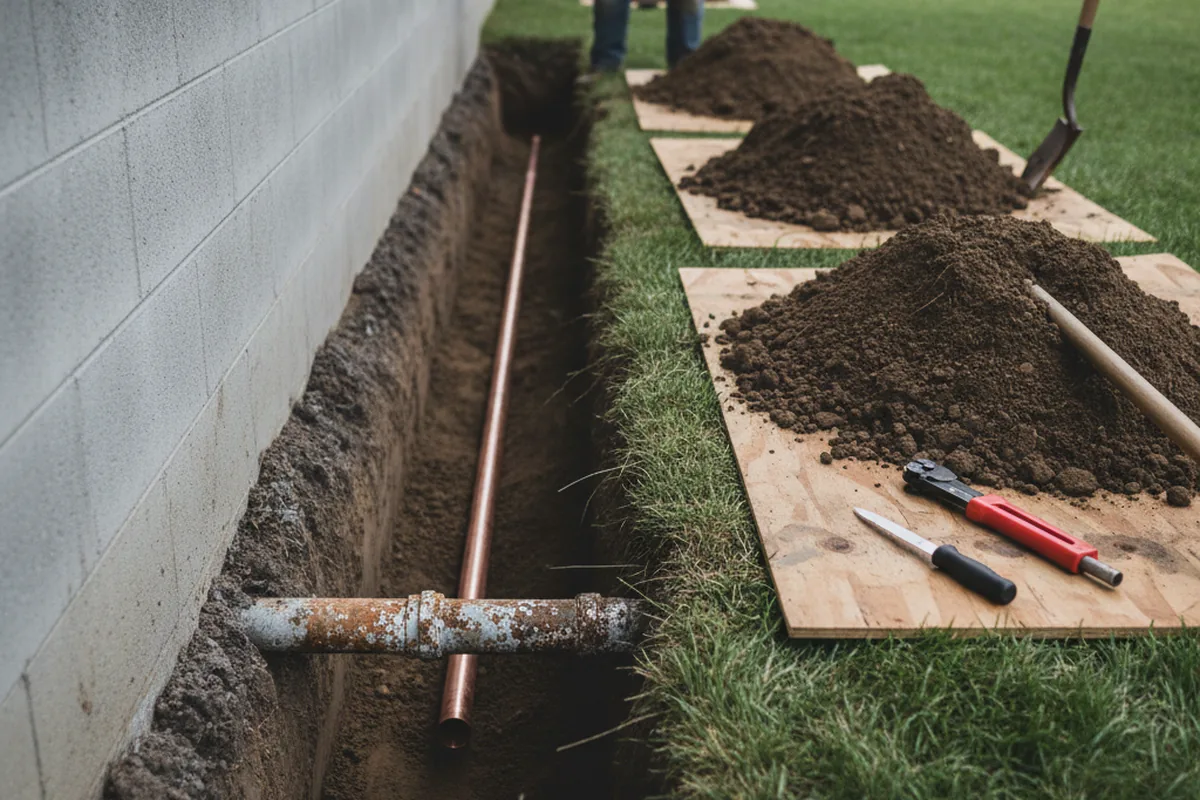 Excavated water line trench during Water Softener Installation in Live Oak